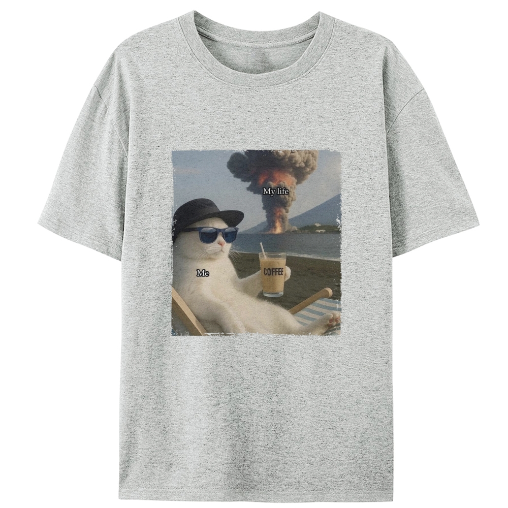 Volcano Coffee Cat "Me vs My Life" Meme RetroDesigned for Women - Slim Fit Cotton Tee