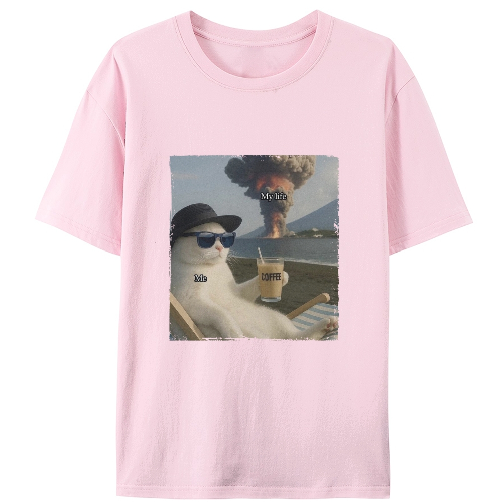 Volcano Coffee Cat "Me vs My Life" Meme RetroDesigned for Women - Slim Fit Cotton Tee