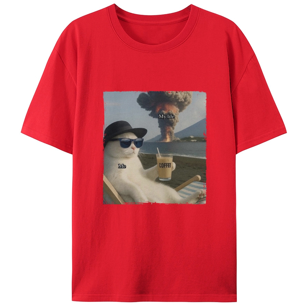Volcano Coffee Cat "Me vs My Life" Meme RetroDesigned for Women - Slim Fit Cotton Tee