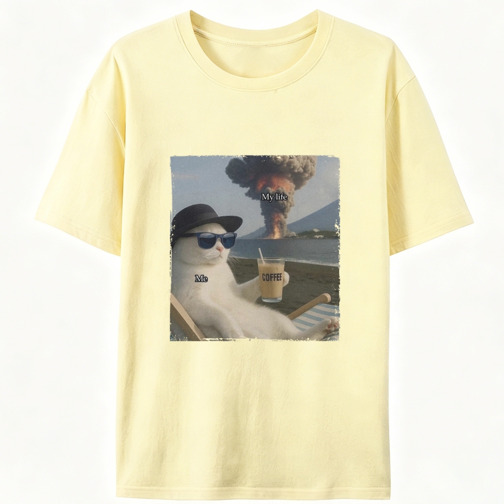 Volcano Coffee Cat "Me vs My Life" Meme RetroDesigned for Women - Slim Fit Cotton Tee