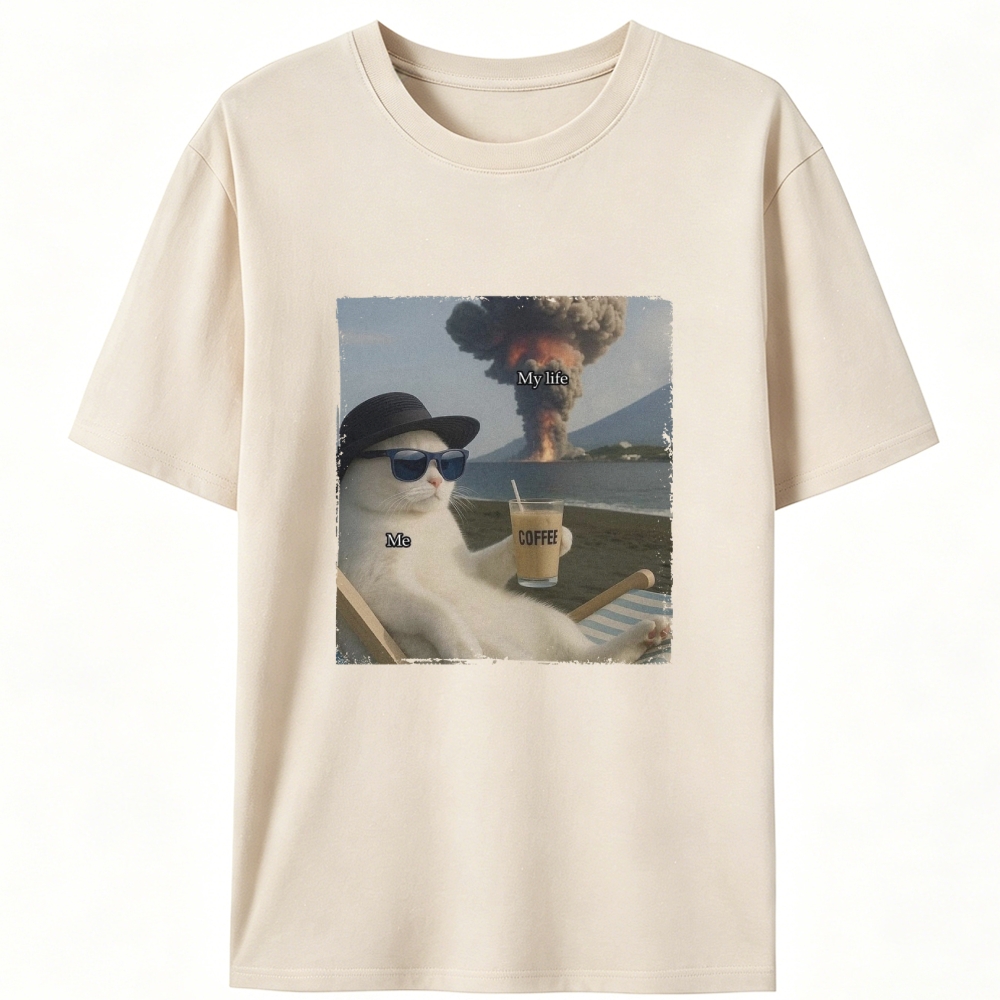 Volcano Coffee Cat "Me vs My Life" Meme RetroDesigned for Women - Slim Fit Cotton Tee