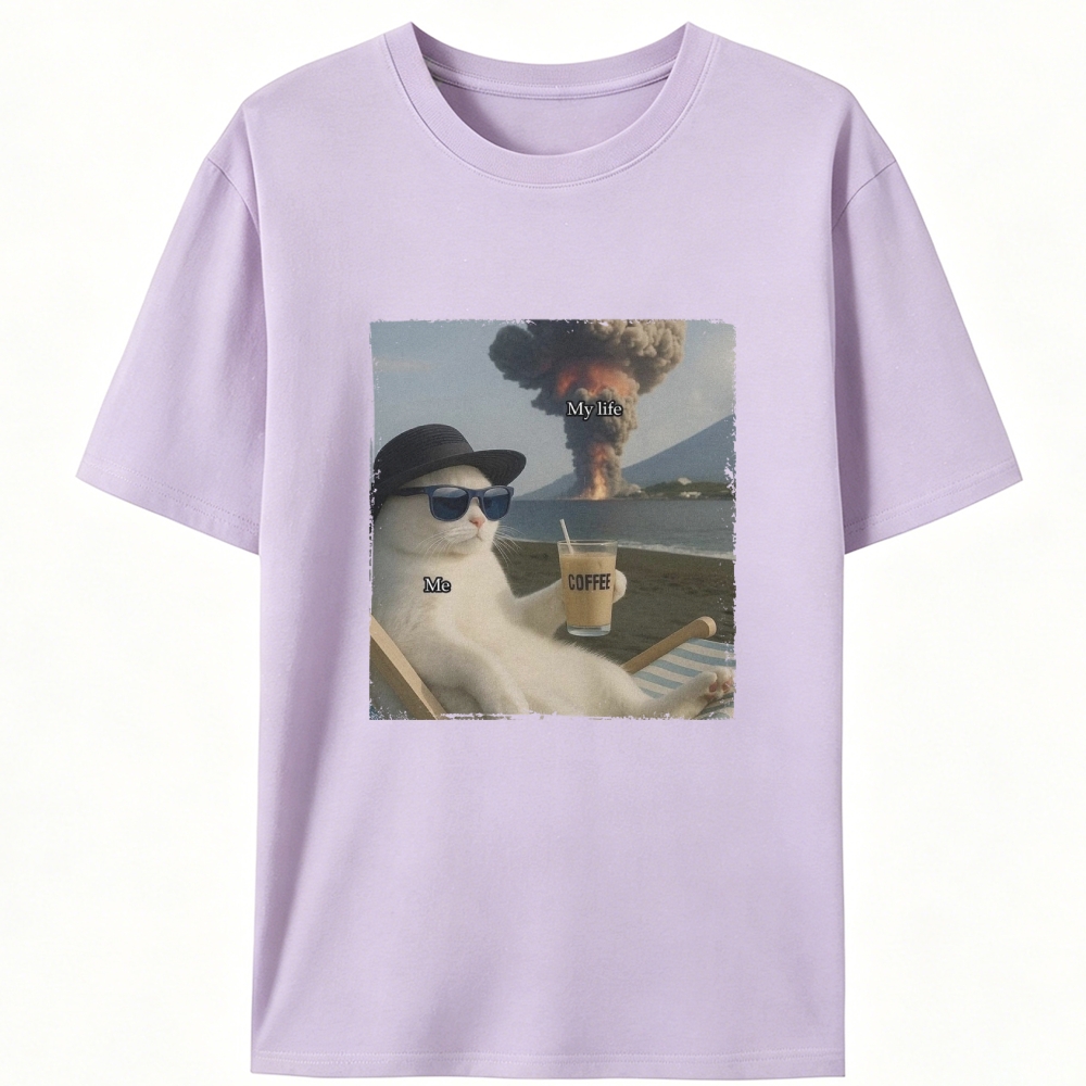 Volcano Coffee Cat "Me vs My Life" Meme RetroDesigned for Women - Slim Fit Cotton Tee