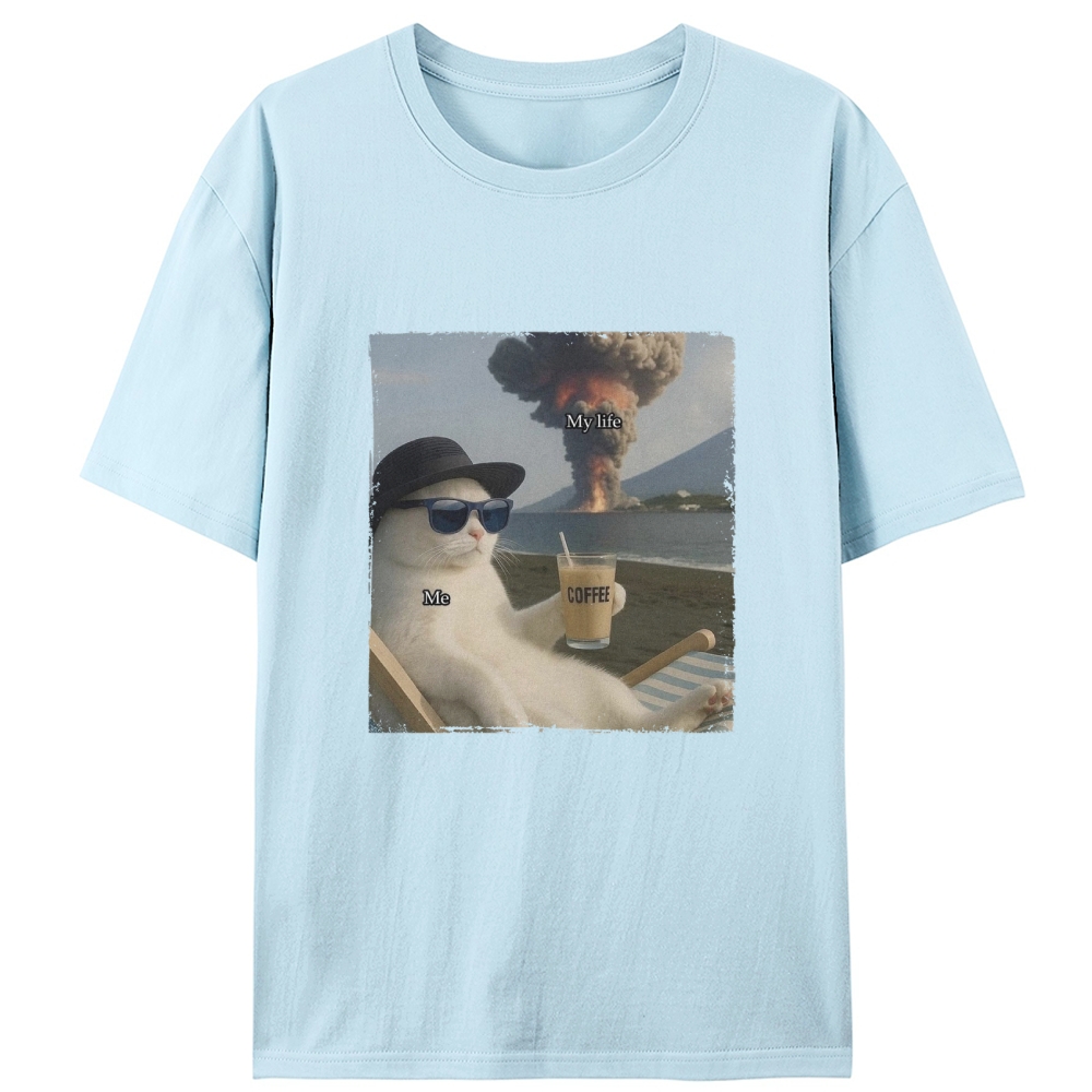 Volcano Coffee Cat "Me vs My Life" Meme RetroDesigned for Women - Slim Fit Cotton Tee