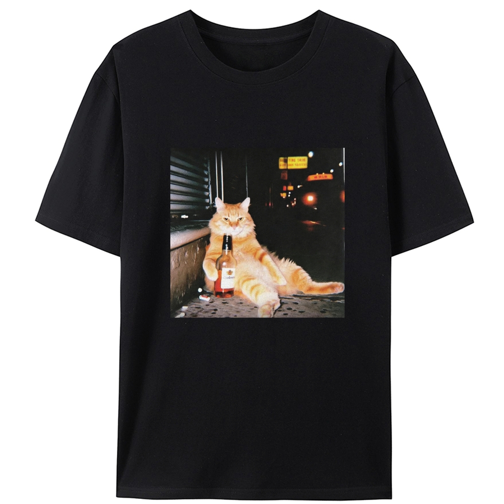 Street Drunk Cat Meme Retro Designed for Women - Slim Fit Cotton Tee