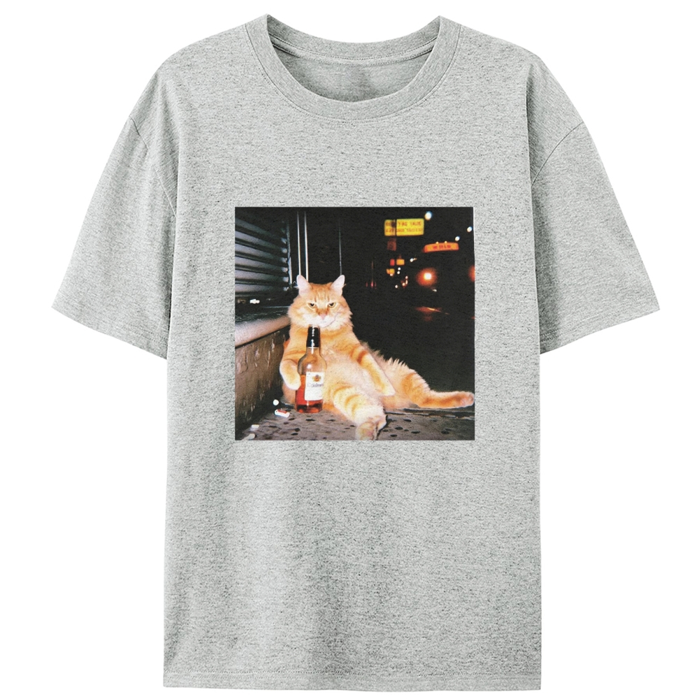 Street Drunk Cat Meme Retro Designed for Women - Slim Fit Cotton Tee