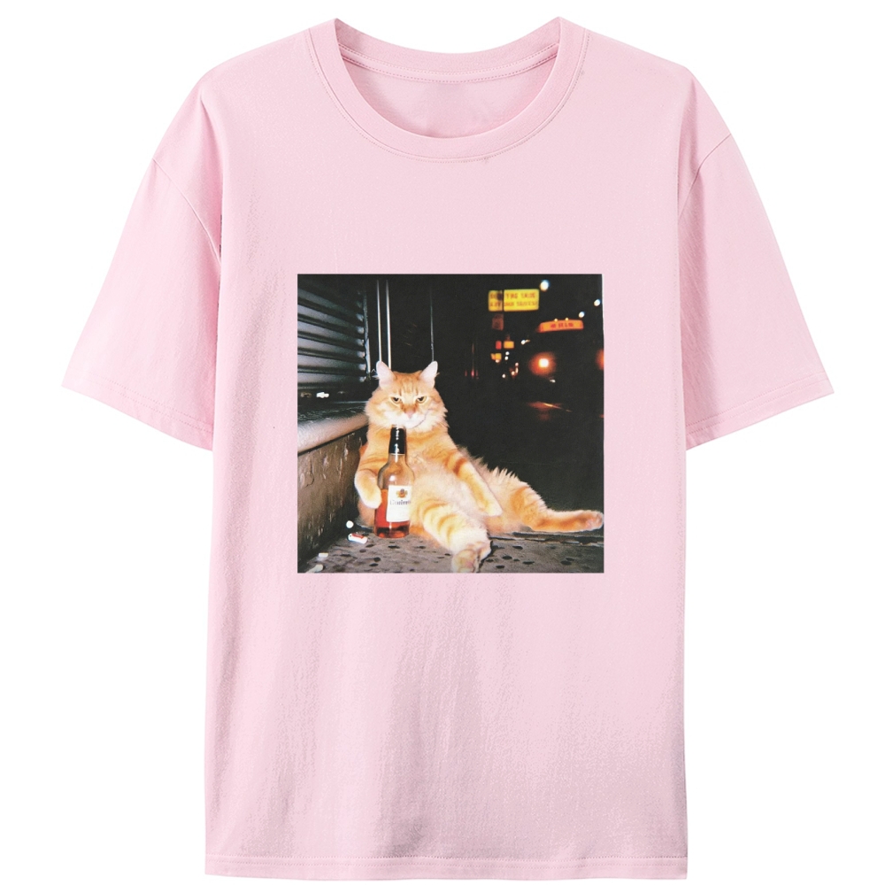 Street Drunk Cat Meme Retro Designed for Women - Slim Fit Cotton Tee