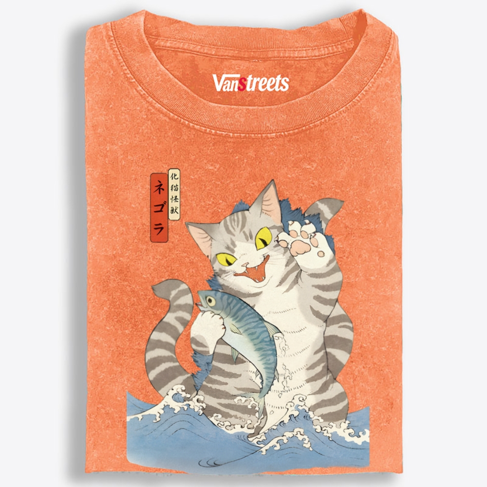 Monster Cat Retro Washed T-Shirt | 100% Cotton | Streetwear Essential