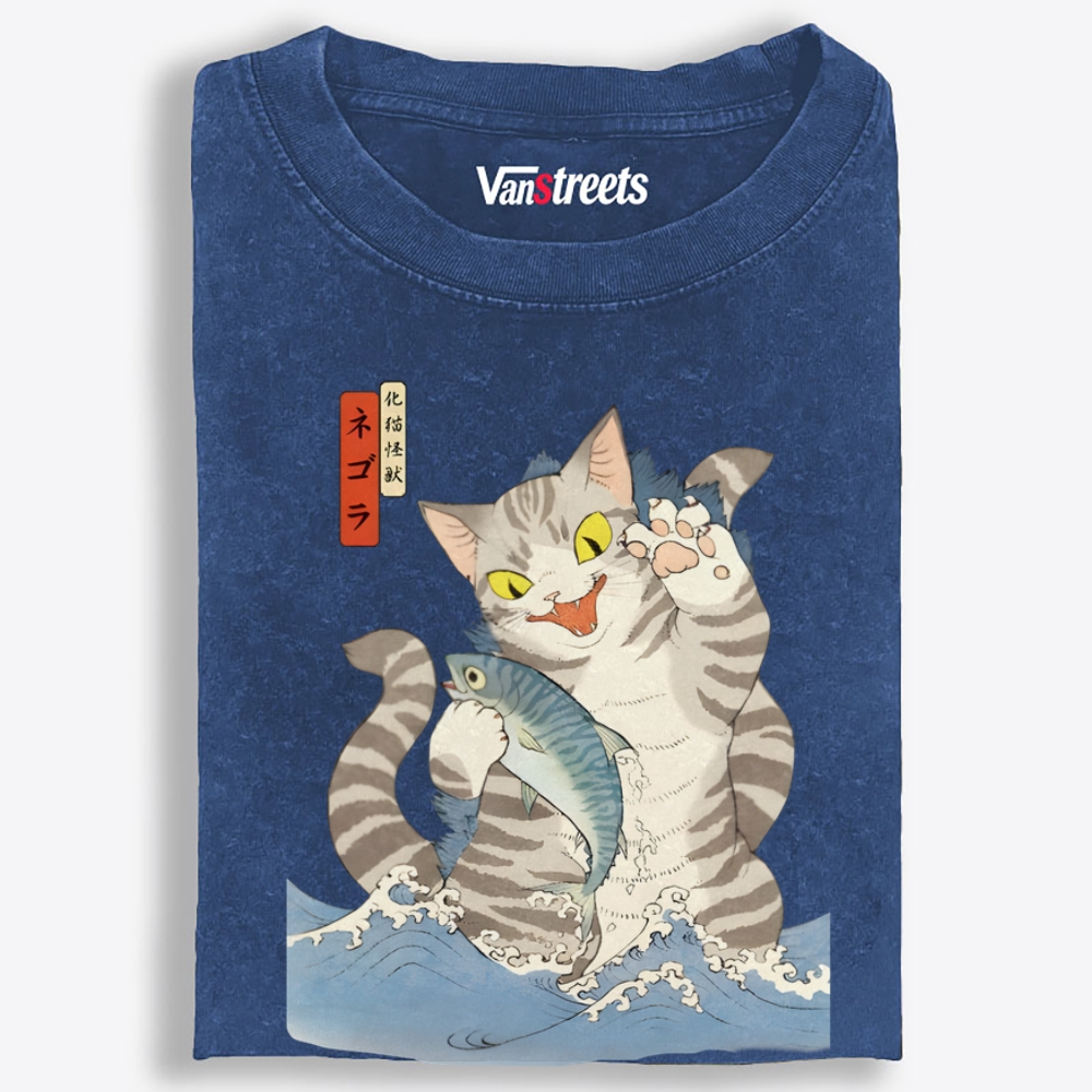 Monster Cat Retro Washed T-Shirt | 100% Cotton | Streetwear Essential