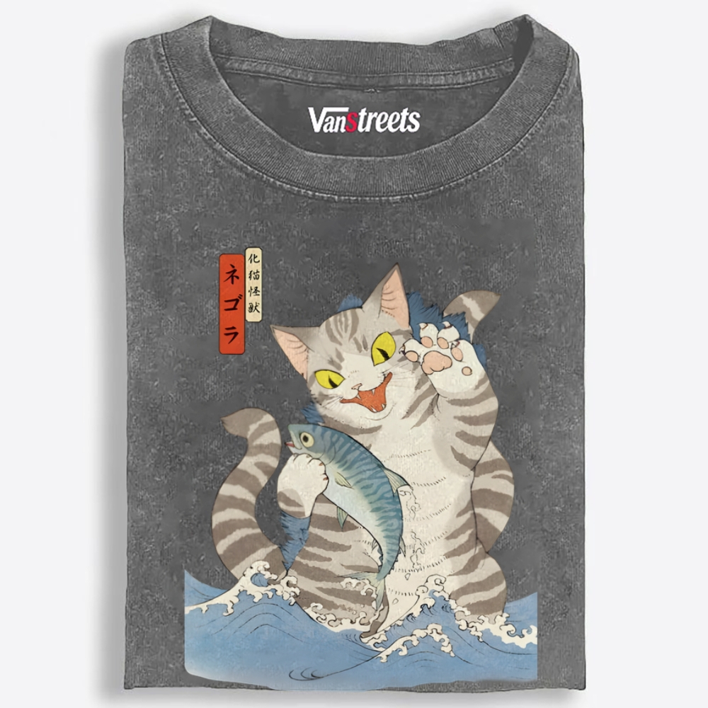 Monster Cat Retro Washed T-Shirt | 100% Cotton | Streetwear Essential