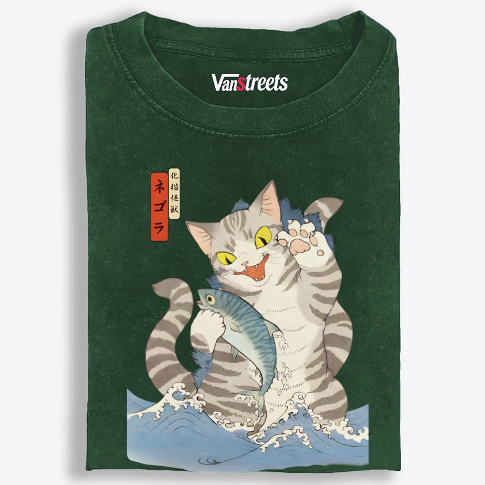 Monster Cat Retro Washed T-Shirt | 100% Cotton | Streetwear Essential