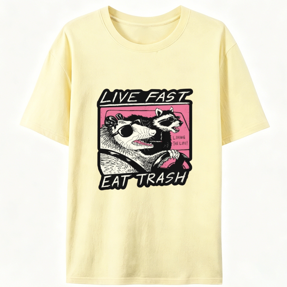 "Live Fast Eat Trash" Opossum & Raccoon Retro Designed for Women - Slim Fit Cotton Tee
