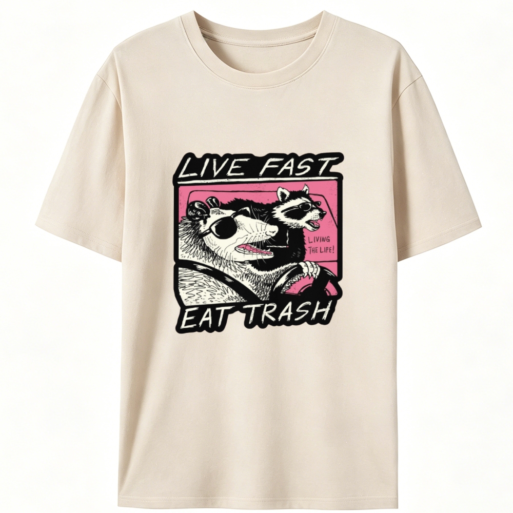 "Live Fast Eat Trash" Opossum & Raccoon Retro Designed for Women - Slim Fit Cotton Tee