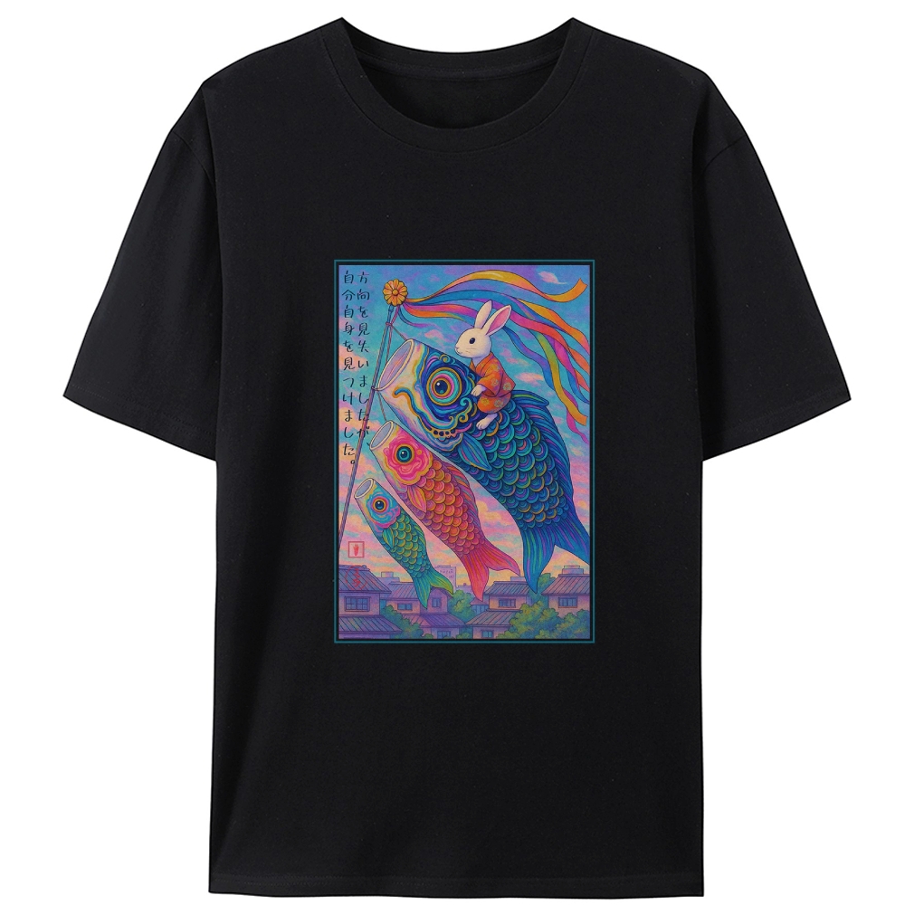 Rabbit Riding Koi Fish Ukiyo-e Retro Designed for Women - Slim Fit Cotton Tee