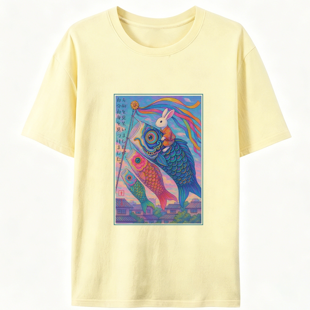 Rabbit Riding Koi Fish Ukiyo-e Retro Designed for Women - Slim Fit Cotton Tee