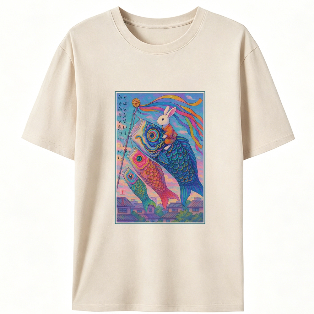 Rabbit Riding Koi Fish Ukiyo-e Retro Designed for Women - Slim Fit Cotton Tee
