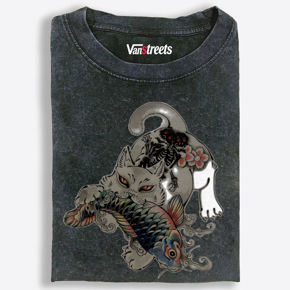 Fierce Cat Koi Retro Washed T-Shirt | 100% Cotton | Streetwear Essential