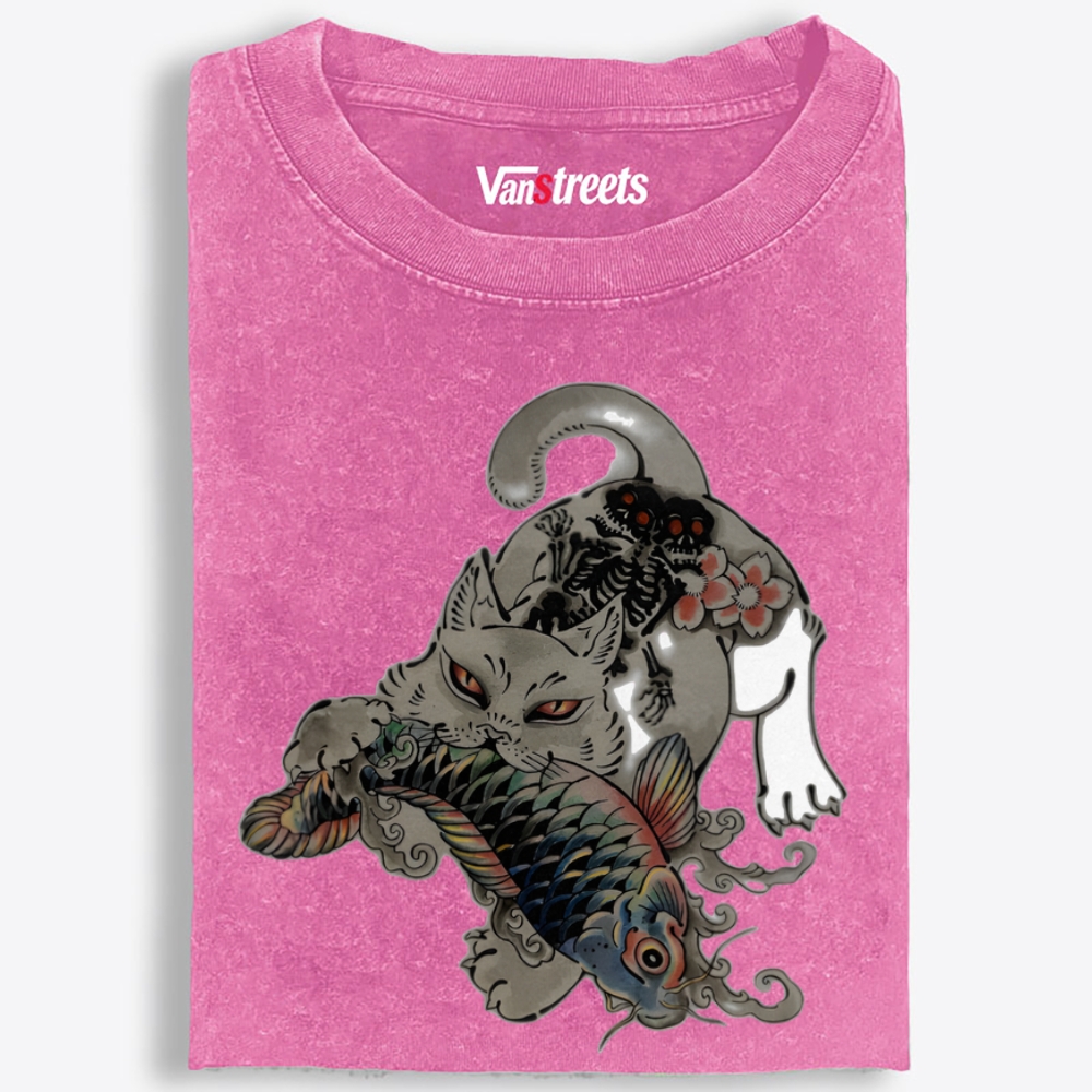 Fierce Cat Koi Retro Washed T-Shirt | 100% Cotton | Streetwear Essential