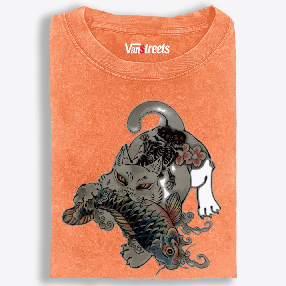 Fierce Cat Koi Retro Washed T-Shirt | 100% Cotton | Streetwear Essential