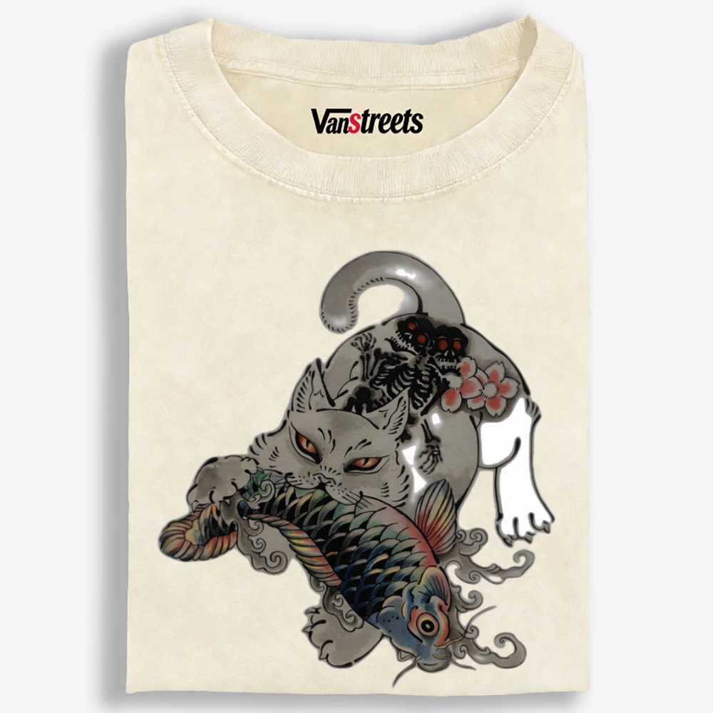 Fierce Cat Koi Retro Washed T-Shirt | 100% Cotton | Streetwear Essential