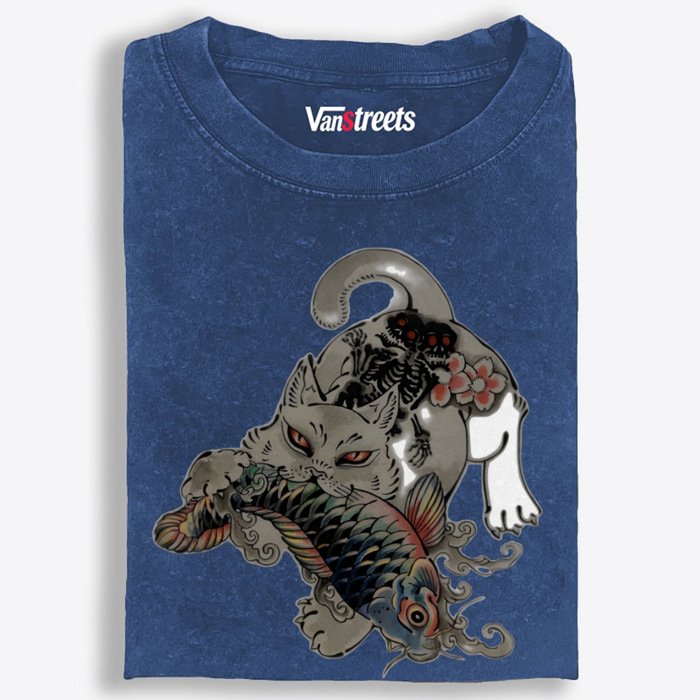 Fierce Cat Koi Retro Washed T-Shirt | 100% Cotton | Streetwear Essential