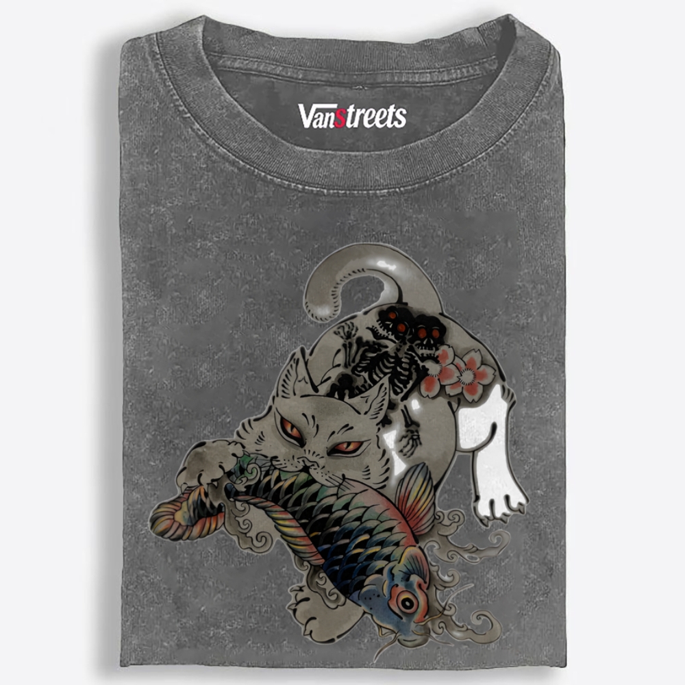 Fierce Cat Koi Retro Washed T-Shirt | 100% Cotton | Streetwear Essential
