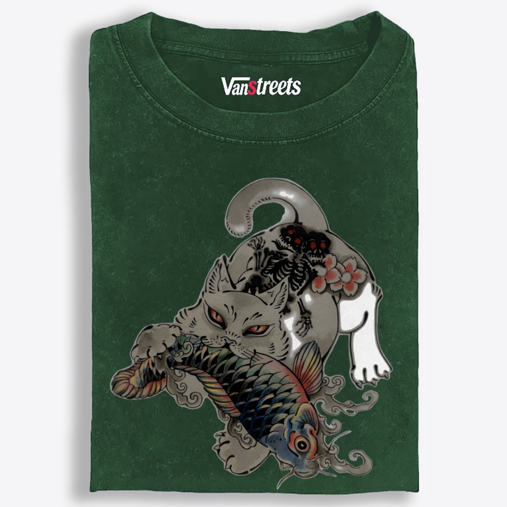 Fierce Cat Koi Retro Washed T-Shirt | 100% Cotton | Streetwear Essential