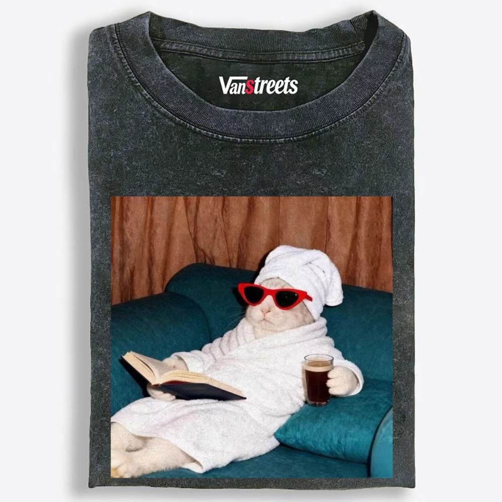 Lazy Spa Day Cat Graphic Washed T-Shirt | 100% Cotton | Streetwear Essential