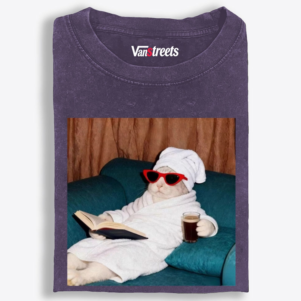Lazy Spa Day Cat Graphic Washed T-Shirt | 100% Cotton | Streetwear Essential