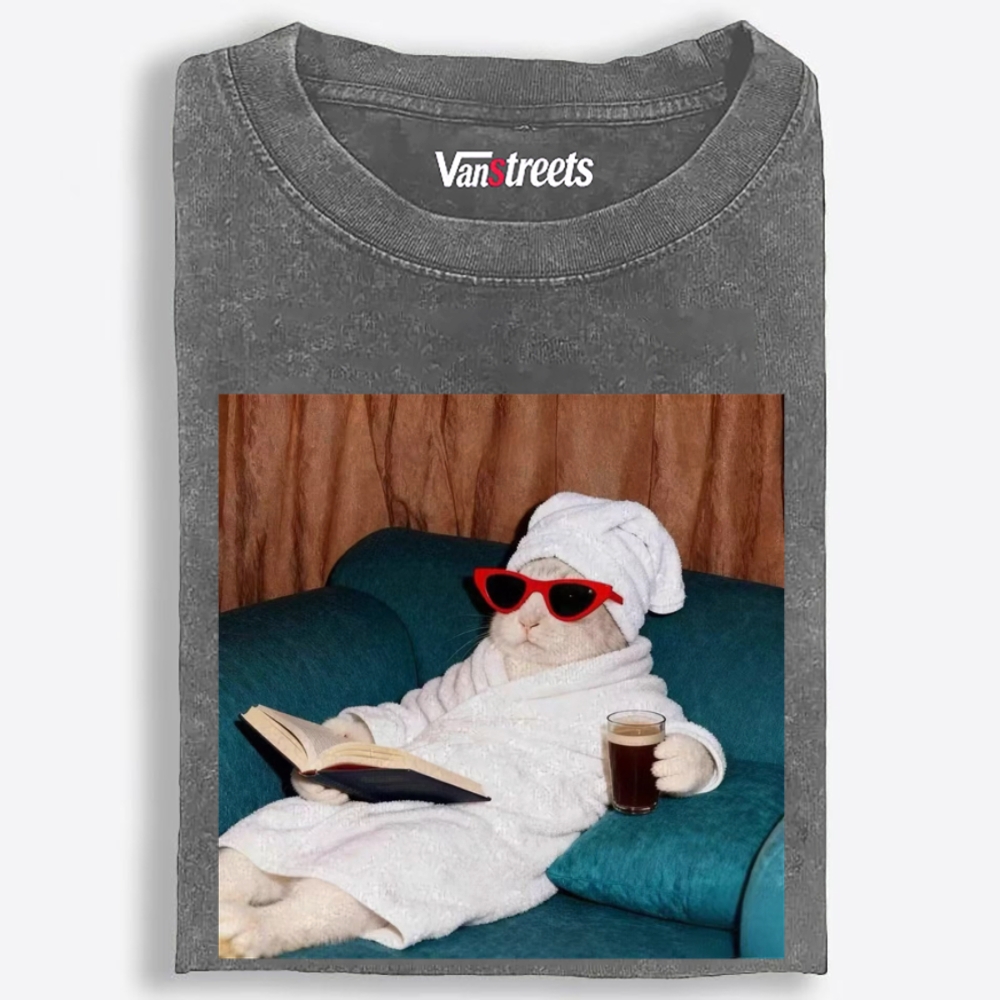 Lazy Spa Day Cat Graphic Washed T-Shirt | 100% Cotton | Streetwear Essential