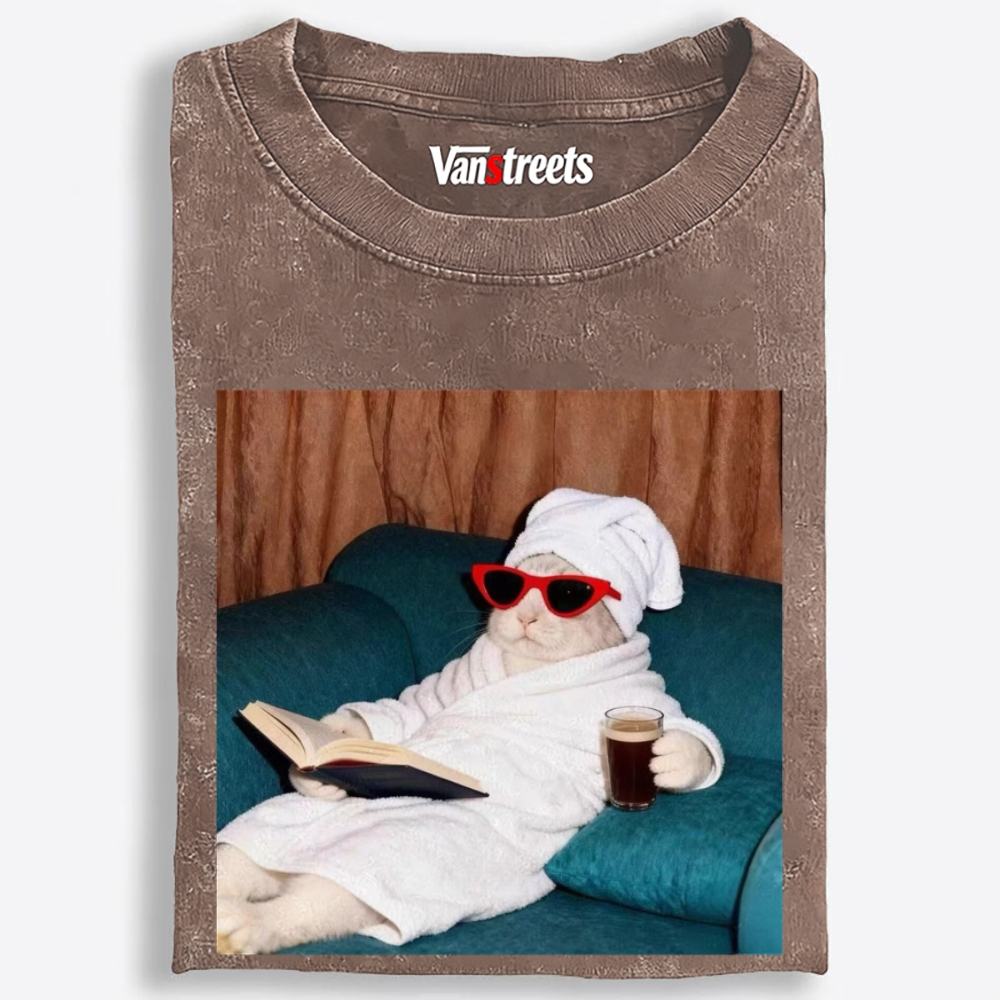 Lazy Spa Day Cat Graphic Washed T-Shirt | 100% Cotton | Streetwear Essential