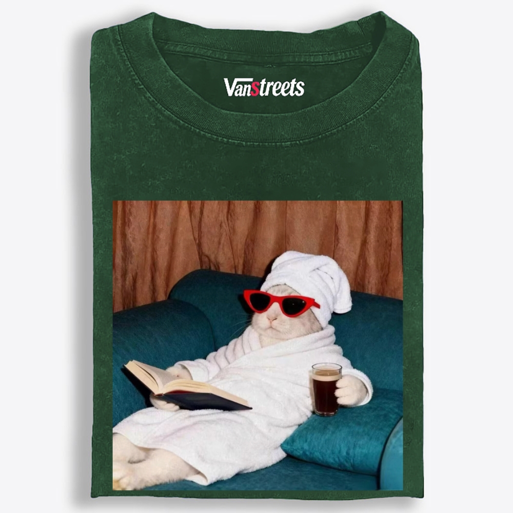 Lazy Spa Day Cat Graphic Washed T-Shirt | 100% Cotton | Streetwear Essential