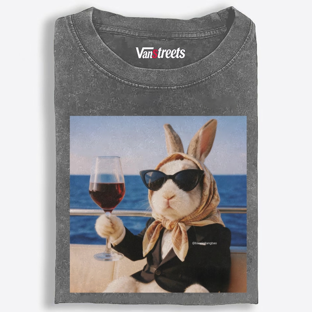 Luxury Yacht Bunny Print Washed T-Shirt | 100% Cotton | Streetwear Essential