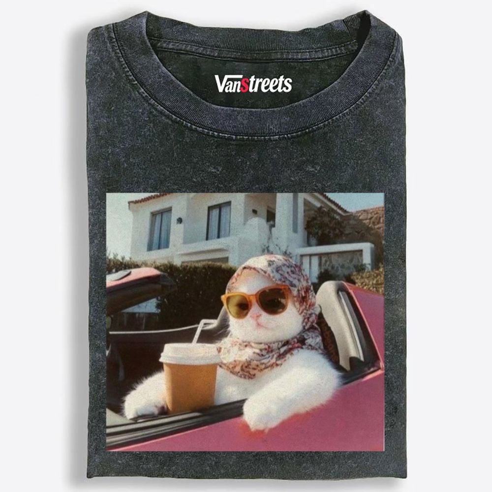 Convertible Vacation Cat Washed T-Shirt | 100% Cotton | Streetwear Essential