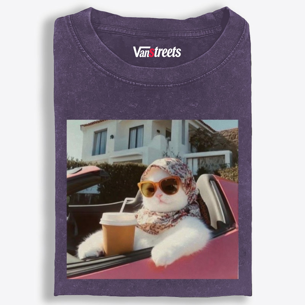 Convertible Vacation Cat Washed T-Shirt | 100% Cotton | Streetwear Essential