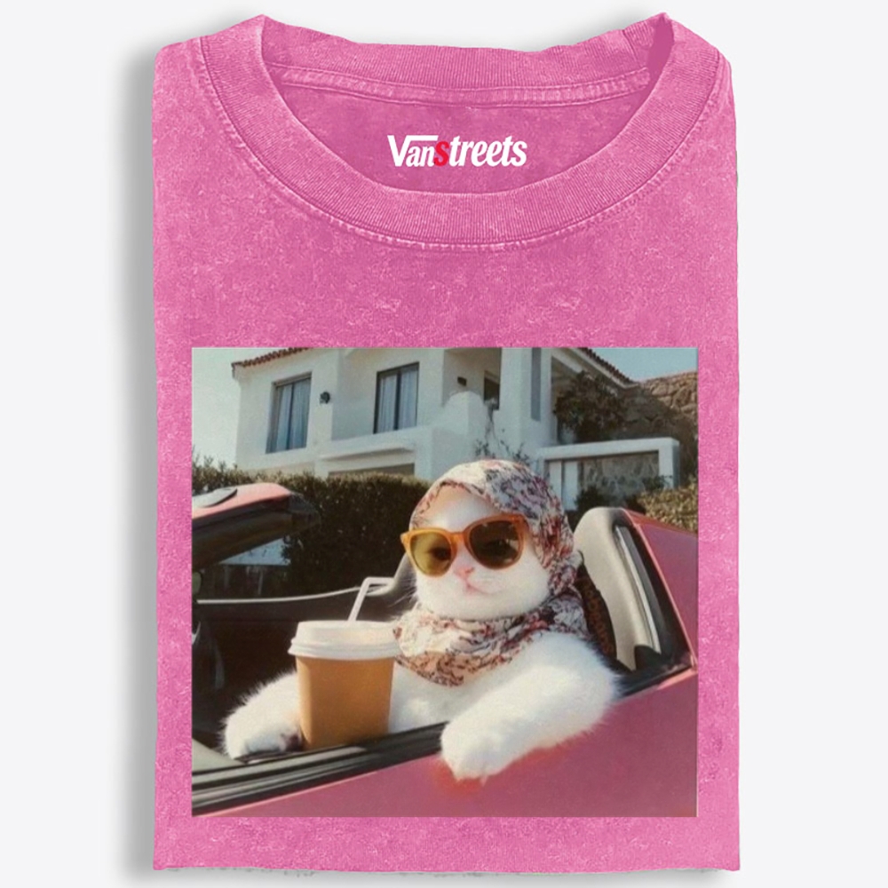 Convertible Vacation Cat Washed T-Shirt | 100% Cotton | Streetwear Essential