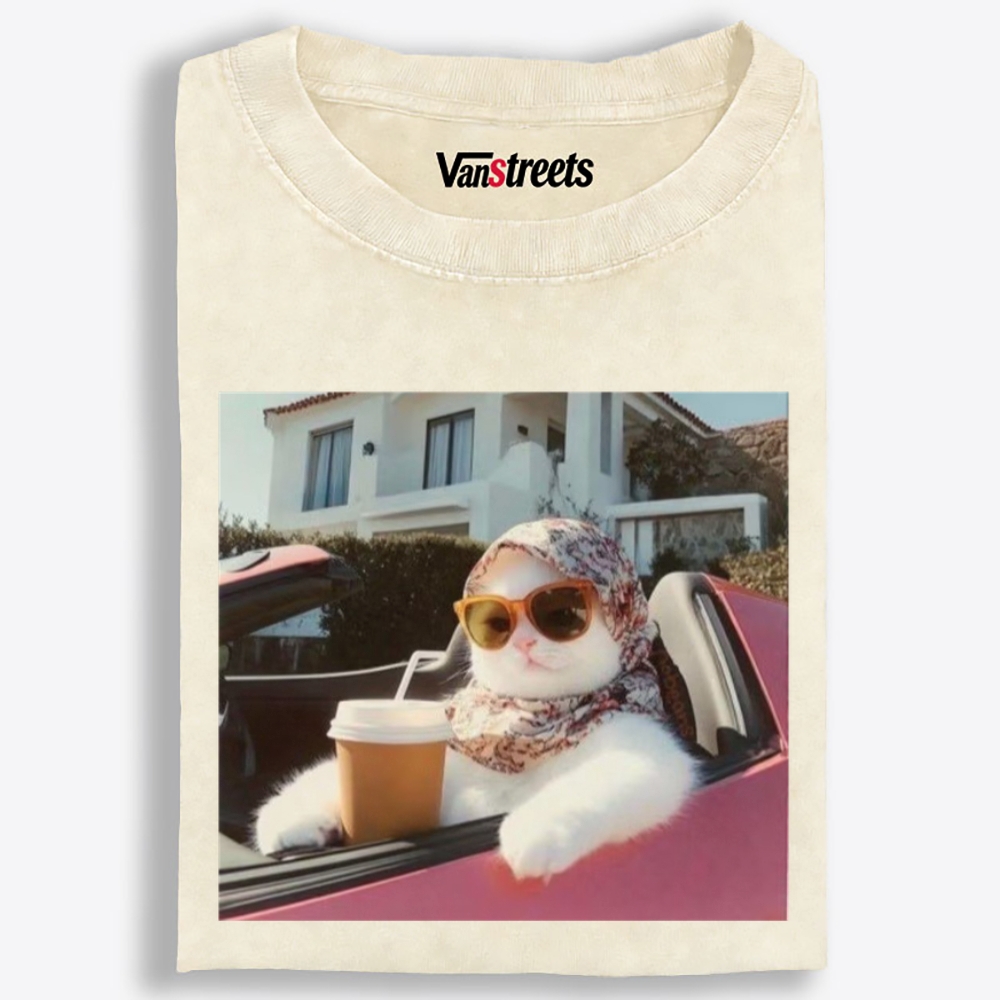 Convertible Vacation Cat Washed T-Shirt | 100% Cotton | Streetwear Essential