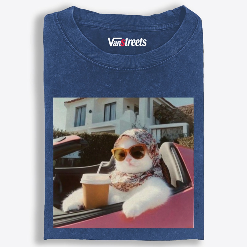 Convertible Vacation Cat Washed T-Shirt | 100% Cotton | Streetwear Essential