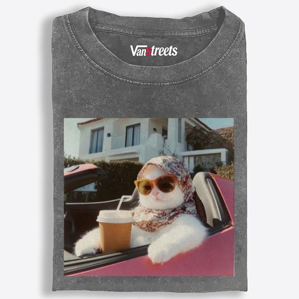 Convertible Vacation Cat Washed T-Shirt | 100% Cotton | Streetwear Essential