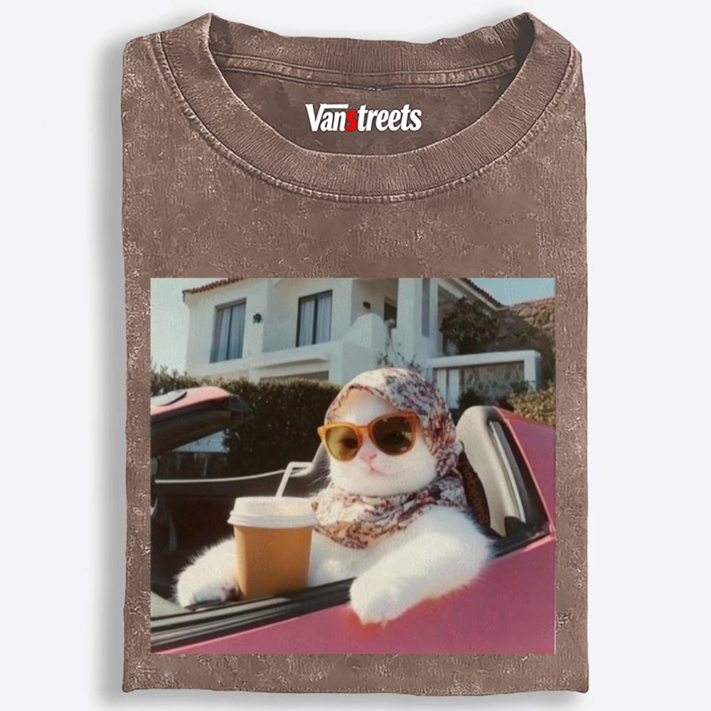 Convertible Vacation Cat Washed T-Shirt | 100% Cotton | Streetwear Essential