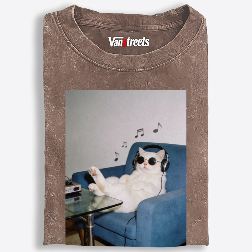 Couch Potato DJ Cat Washed T-Shirt | 100% Cotton | Streetwear Essential