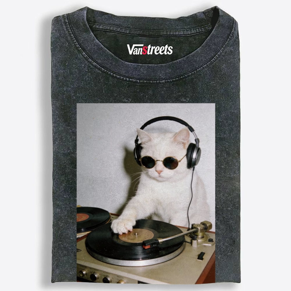 Vinyl DJ Cat Graphic Washed T-Shirt | 100% Cotton | Streetwear Essential