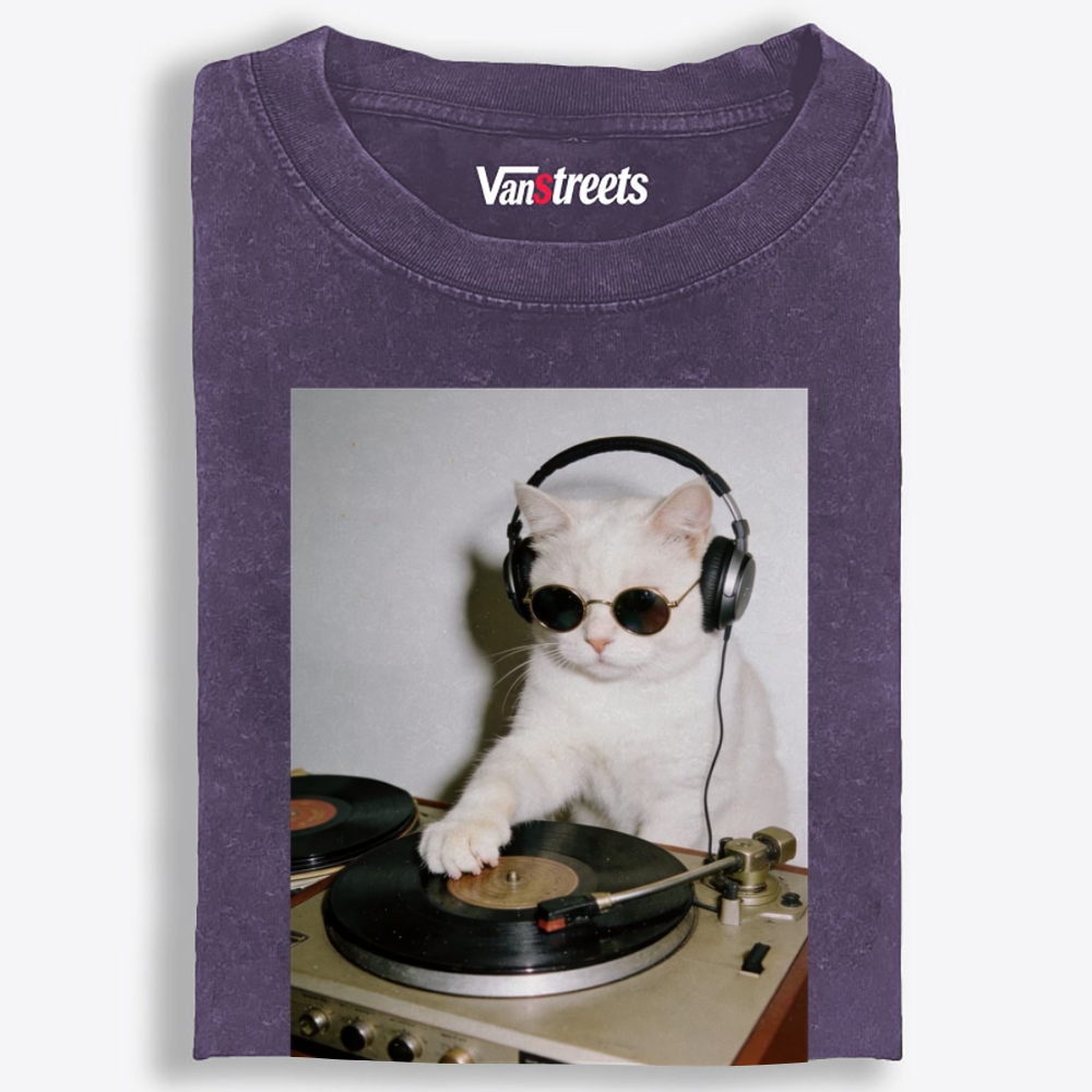 Vinyl DJ Cat Graphic Washed T-Shirt | 100% Cotton | Streetwear Essential