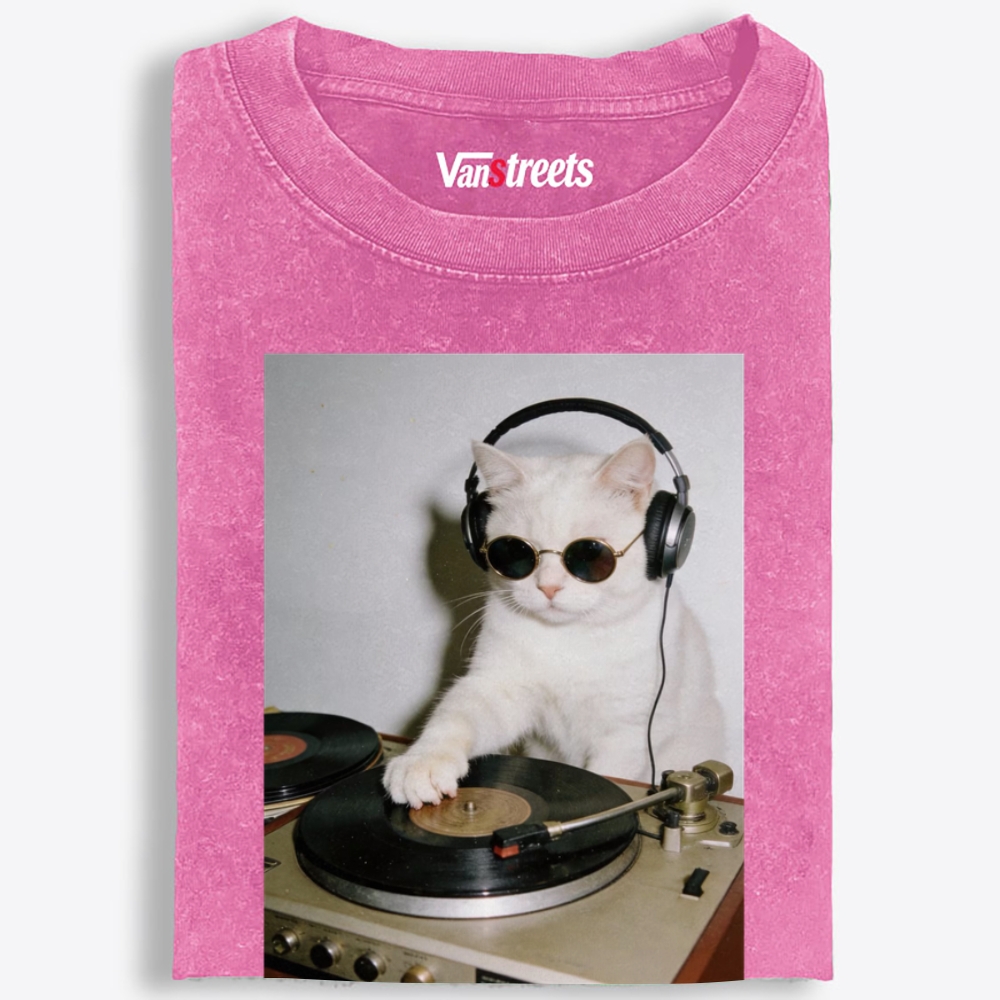 Vinyl DJ Cat Graphic Washed T-Shirt | 100% Cotton | Streetwear Essential