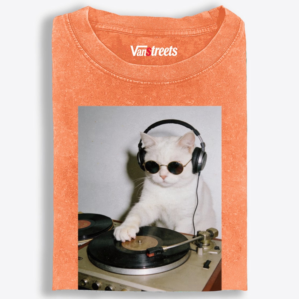 Vinyl DJ Cat Graphic Washed T-Shirt | 100% Cotton | Streetwear Essential