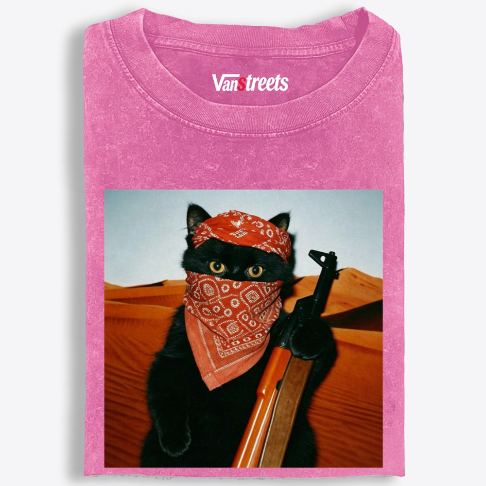 Bandana Black Cat Graphic Washed T-Shirt | 100% Cotton | Streetwear Essential