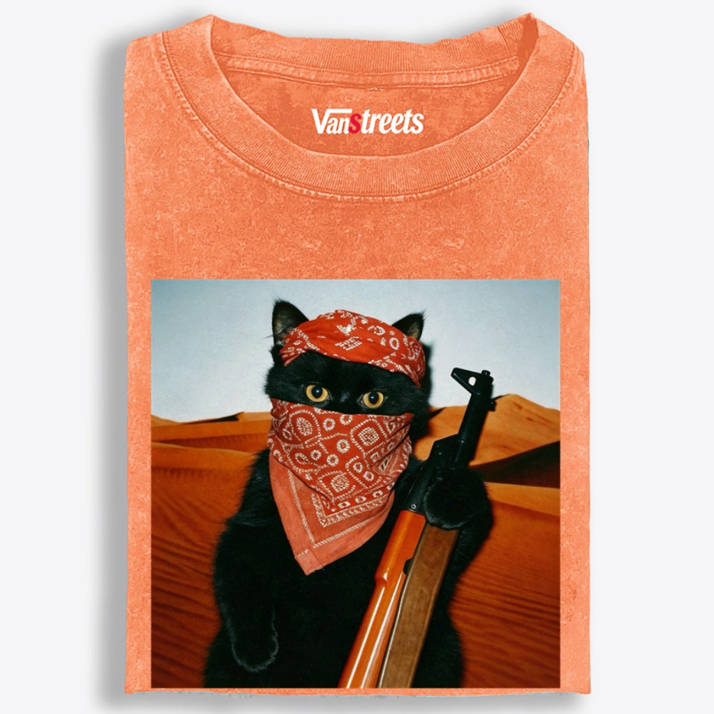 Bandana Black Cat Graphic Washed T-Shirt | 100% Cotton | Streetwear Essential