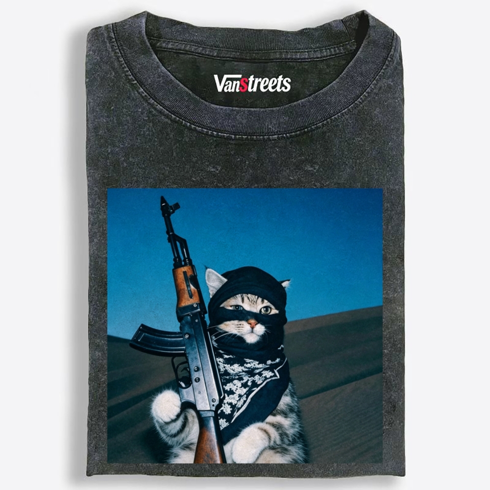 Desert Raider Tabby Cat Print Washed T-Shirt | 100% Cotton | Streetwear Essential