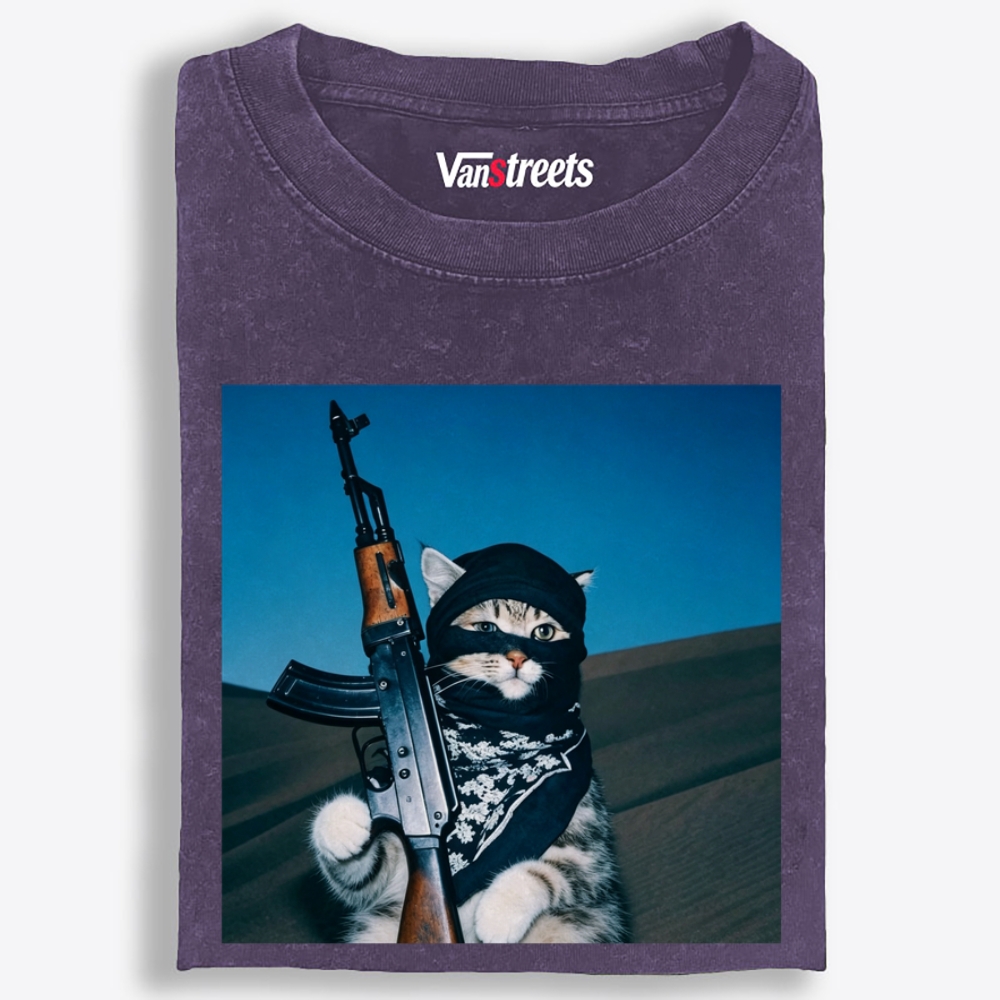 Desert Raider Tabby Cat Print Washed T-Shirt | 100% Cotton | Streetwear Essential