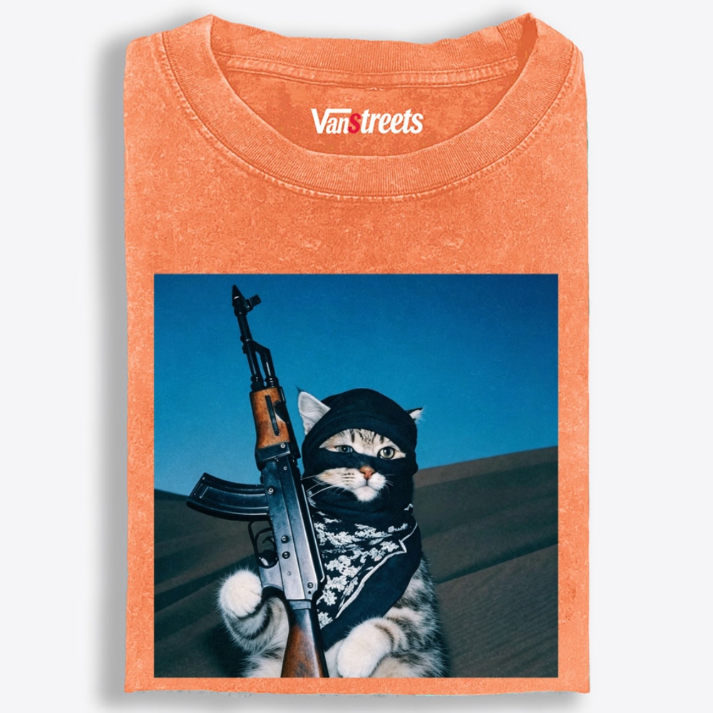 Desert Raider Tabby Cat Print Washed T-Shirt | 100% Cotton | Streetwear Essential