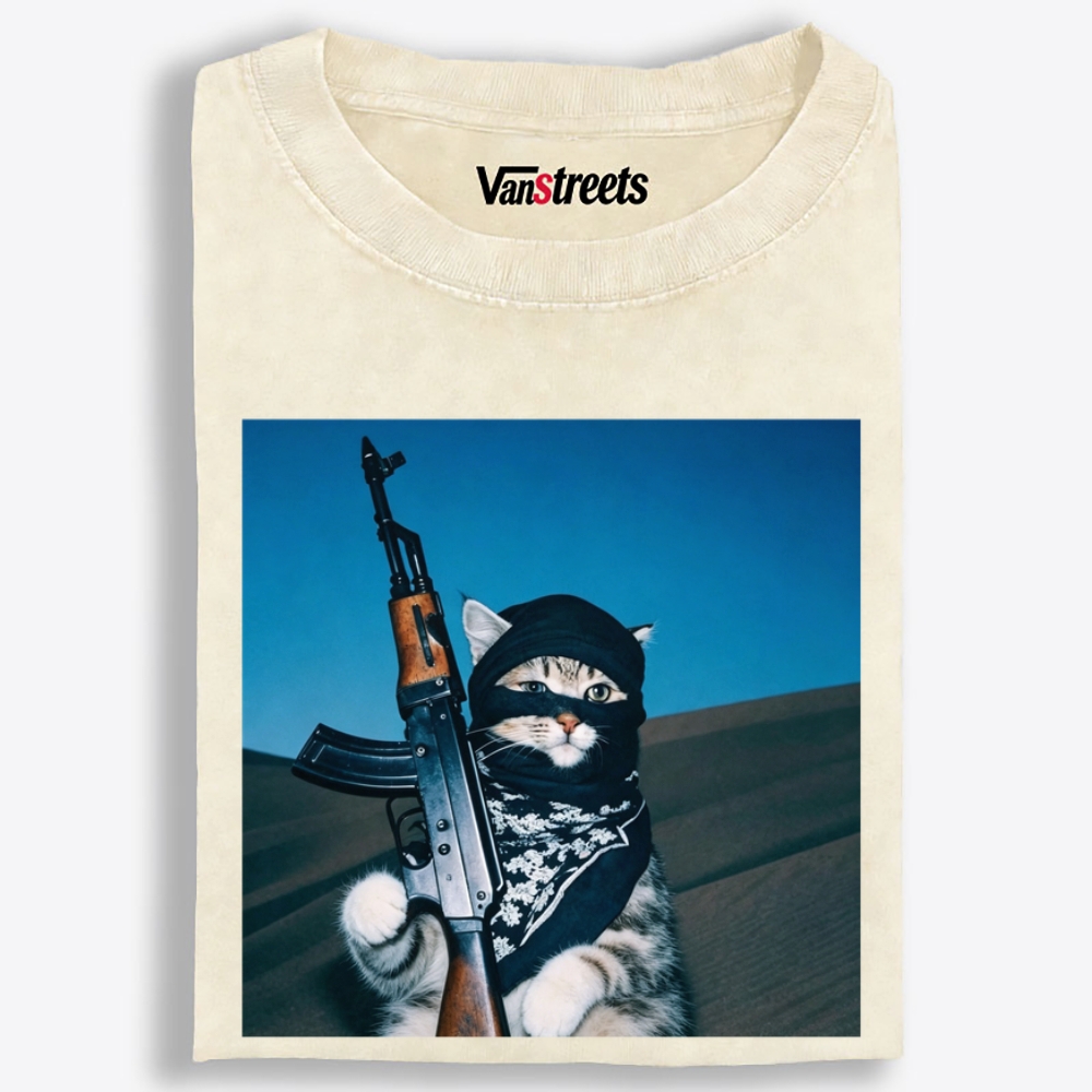 Desert Raider Tabby Cat Print Washed T-Shirt | 100% Cotton | Streetwear Essential